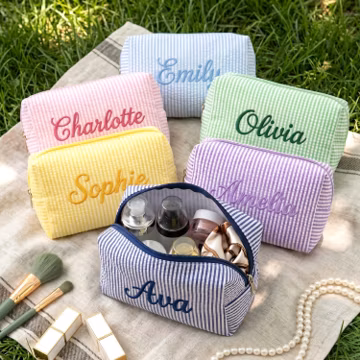 Custom Name Embroidered Makeup Bag, Aesthetic Monochrome Makeup Bag, Seersucker Toiletry Bag, Mother's Day Gift, Bacholerette Party Gift