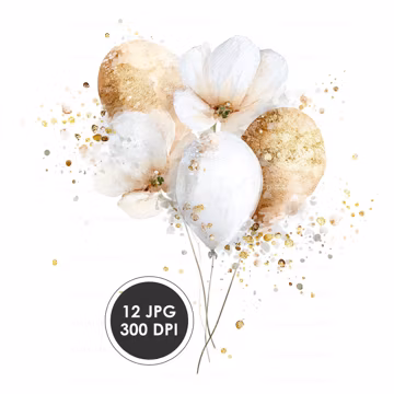 White Flowers & Gold Balloons Watercolor Clipart | 12 JPG Files | Neutral Birthday, Wedding Decor