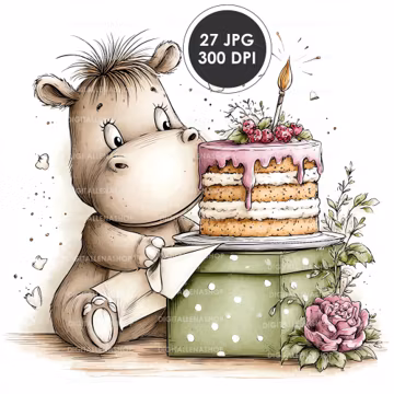 Quirky Hippo Birthday Cake Watercolor Clipart Set | Kids Birthday | Nursery Animal | 27 JPG Files