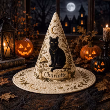 Personalized Witch Hat Black Cat Botanica Patchwork Quilted Halloween Costume Vintage Cottagecore Witchcore Fall Gift