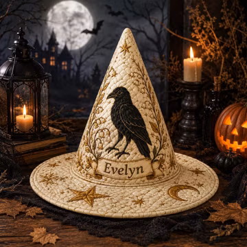 Personalized Vintage Raven Witch Hat Quilted Botanical Halloween Hat Custom Gothic Costume Accessory Fall Festival Party Gift