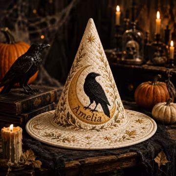 Personalized Raven Witch Hat Custom Quilted Halloween Hat Crescent Moon Vintage Botanical Gothic Costume Accessory Fall Decor