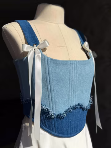 Light Blue Denim Corset Top, Two Tone Jean Bustier, Lace Up Corset with Satin Bows, Frayed Edge Handmade Coquette Top.