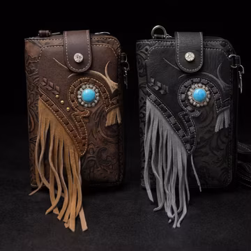 Western Tooled Leather Crossbody Wallet with Fringe and Turquoise Detail