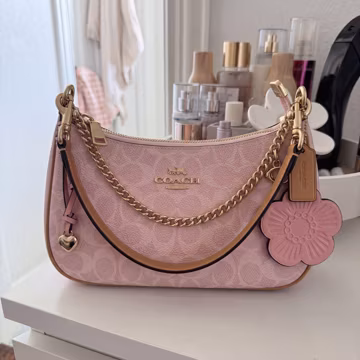 Pink Leather Crescent Shoulder Bag, Y2K Chain Purse, Coquette Flower Charm, Gift for Her