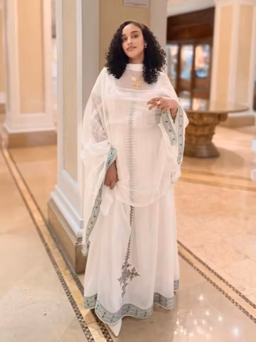 Silver Habesha Kemis – Cotton Long Sleeve Ethiopian Traditional Dress with Tibeb Cuffs for Church & Celebrations