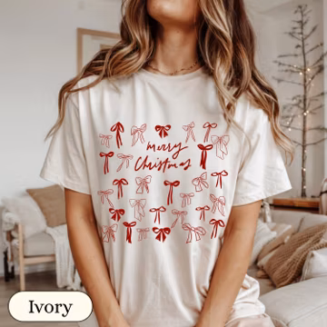 Merry Christmas Bow Shirt, Christmas Coquette Shirt, Comfort Colors T-Shirt, Girly Christmas Tee, Winter Holiday T-Shirt, Red Bows T-Shirt