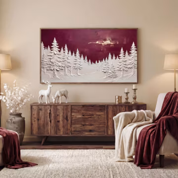 Winter Frame TV Art, Textured Pine Tree Landscape, Plaster Relief Digital Art, Burgundy Christmas Samsung Frame TV Art (Digital Download)