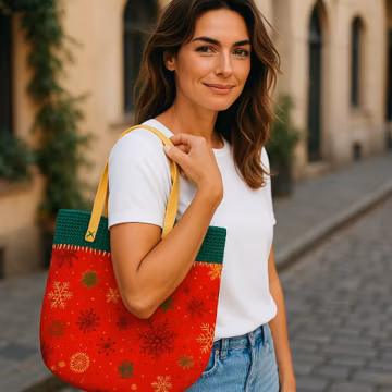 Handmade Crochet Tote Bag, Fabric Tote with Crochet Top, Christmas Gift Bag, Reusable Market Bag