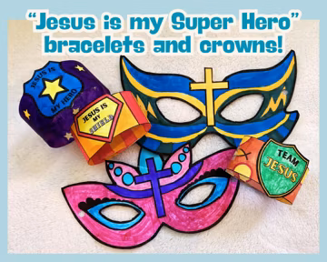 Jesus is my Superhero bracelets and crowns craft printable, Sunday School bible lesson Activity, Childrens Church wristband coloring pdf