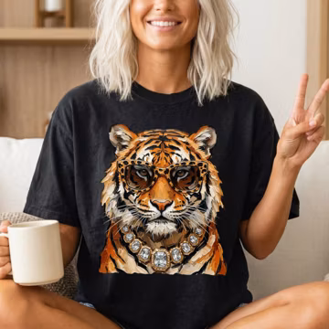 Comfort Colors® Glam Tiger Tee, Preppy Tiger Shirt, Bling Tee, Everyday Leopard Print T-Shirt, Stylish Tiger Tee, Cool Tiger with Sunglasses