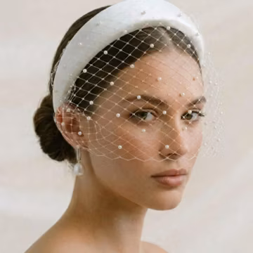Ivory Birdcage Veil Padded Headband • Detachable Bridal Fascinator • Flexible Adjustable Wedding Headpiece • Pearl Crystal Gold Mesh Veil