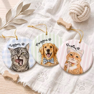 Custom Pet Portrait Ornament With Name: Cute Dog Cat Photo Striped Ornament, Pet Face Checkered Ornament, Pet Memorial Gift, Pet Owner Gift