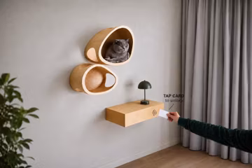 Modern Plywood Cat Wall Set with Two Cat Pods and Secret Storage Shelf
