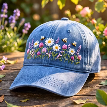 Hand Embroidered Daisy Baseball Cap, Washed Cotton Summer Hat, Floral Bee Design