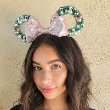 Christmas Minnie Ears: Pink Velvet Bow, Holiday Wreath Ears