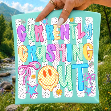 Currently Crashing Out PNG Funny Mom Quote Sublimation Design Preppy Leopard Star Shirt Design Retro Mama PNG Checkered Smiley Coquette Bow