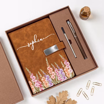 Personalized Notebook Pen Set, Custom Birth Flower & Name Leather Journal, Gift for Women, Her, Wife, Daughter, Sister, Birthday/Teacher