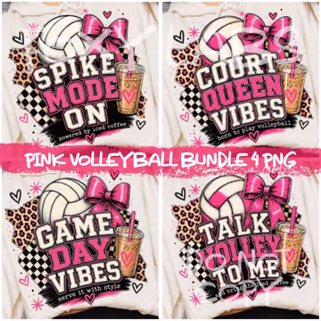 Pink Volleyball PNG Bundle, Checkered Court Queen Spike Mode Coquette Design, 4 PNG Files