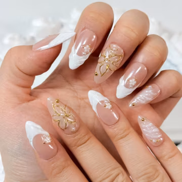 Bridal Press-On Nails - White Floral French Tip, Gold Chrome Accent