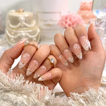Handmade Pearl White French Star Press On Nails: Medium Almond Gel Nails