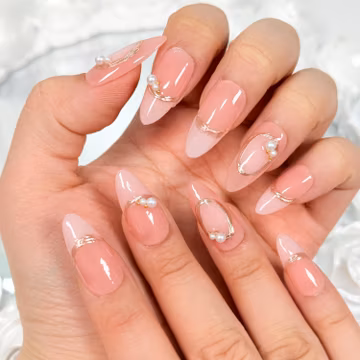 Valentines Handmade Pink French Tip Almond Press On Nails, Gold Outline & Pearls