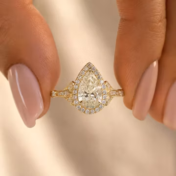 1.5Ct Pear Cut Lab Grown Diamond Halo Ring, 14K Yellow Gold Vintage Bridal Ring