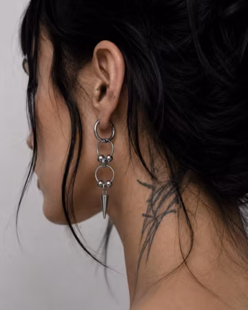 Gothic Silver Spike Drop Earring in Stainless Steel: Double Ring Hoop | Punk Alternative Jewellery | Silver Industrial Earring