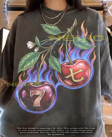 Flaming Cherries Blue Fire Lucky Seven Comfort Colors® Tshirt, Vintage Bootleg Graphic Retro Tattoo Art Tees,
