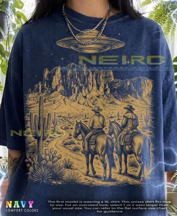 Cowboy Ufo Alien Spaceship Wild West Desert Sci-Fi Horse Rider Comfort Colors® Tshirt, Extraterrestrial Saguaro Cactus Vintage Graphic Tees,