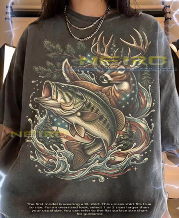 Bass Fish Buck Deer American Flag Fishing Hunter Comfort Colors® Tshirt, Wildlife Nature Vintage Outdoors Tees,