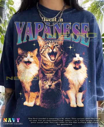 Fluent In Yapanese Cat Comfort Colors® Tshirt, Vintage 90S Funny Kitty Graphic Tees, Retro Animal Lover Y2K Streetwear Meme Shirt,