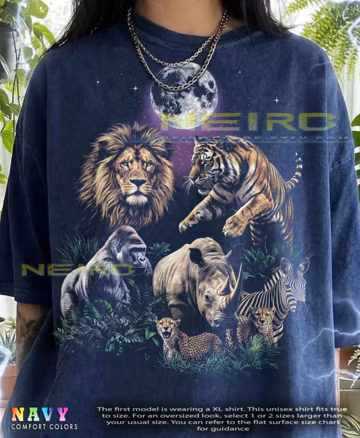 Lion Tiger Gorilla Rhino Zebra Cheetah Jungle Wildlife Comfort Colors® Tshirt, African Safari Nature Lover Full Moon Vintage Bootleg Tees,