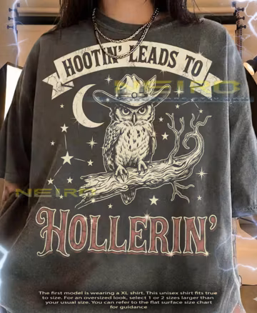 Hootin Leads To Hollerin Cowboy Owl Western Country Bird Comfort Colors® Tshirt, Night Sky Stars Retro Animal Design Tees,
