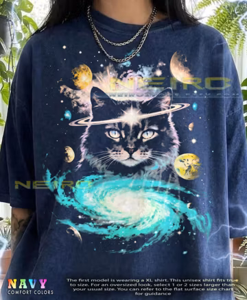 Cosmic Cat Galaxy Feline Animal Lover Space Universe Nebula Planets Comfort Colors® Tshirt, Retro Sci-Fi Stars Surreal Astronomy Tees,