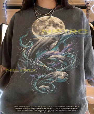 Dolphin Marine Life Nature Cosmic Ocean Full Moon Comfort Colors® Tshirt, Retro 90S Vintage Art Tees,