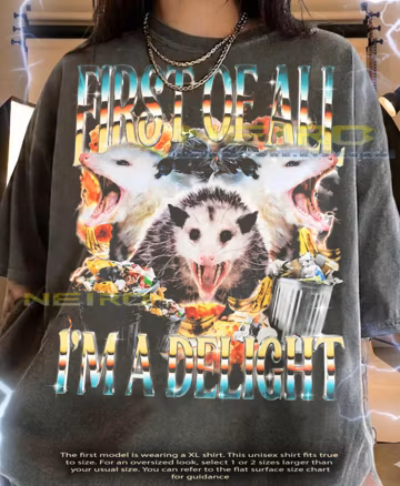 First Of All I M A Delight Opossum Possum Trash Animal Funny Meme Comfort Colors® Tshirt, Retro Vintage Graphic Screaming Humor Tees,