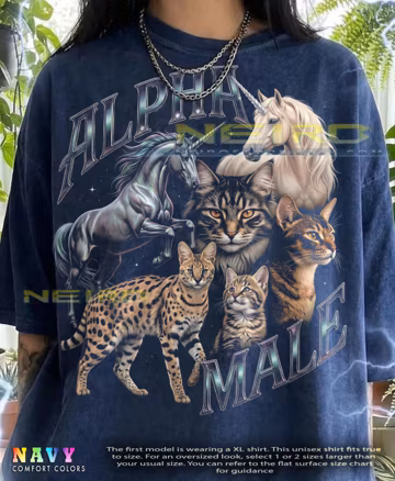 Alpha Male Cats Unicorns Retro 90S Graphic Vintage Bootleg Comfort Colors® Tshirt, Funny Absurdist Meme Magical Animals Feline Lover Tees,