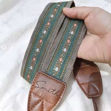Personalized Vintage Green Camera Strap With Flowers, Custom Engraved Camera Shoulder Strap, Gift For Photographer