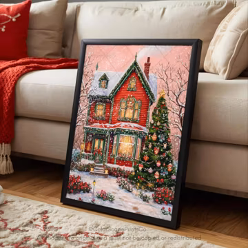 Victorian Christmas House Print Decorated Christmas Tree Printable Red Green Cozy Holiday House Wall Art Whimsical Christmas Village Print