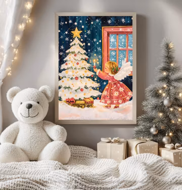 Christmas Angel Painting Christmas Tree Print Christmas Gift Tree Art Pink Christmas Wall Art Vintage Angel Print Colorful Christmas Print