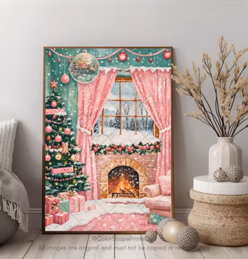 Christmas Tree Print Christmas Disco Living Room Painting Colorful Christmas Printable Christmas Gift Print Cozy Christmas Snowy Landscape