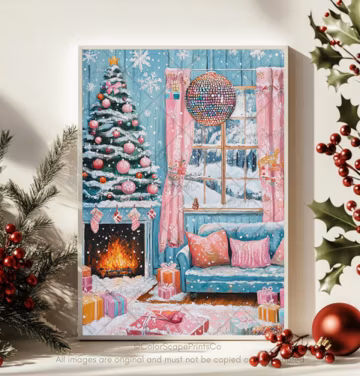 Christmas Tree Print Christmas Disco Living Room Painting Colorful Christmas Printable Christmas Gift Print Cozy Christmas Snowy Landscape