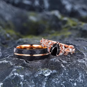 Personalized Teardrop Black Onyx Couple Ring Set Rose Gold Nature Inspired Leaves Woman Ring for Holiday Gift Tungsten Carbide Hammered Ring