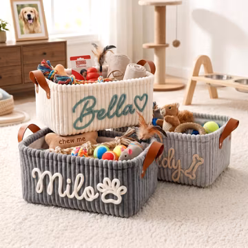 Personalized Dog Toy Basket - Corduroy Pet Organizer with Name, Gift for New Dog Owners