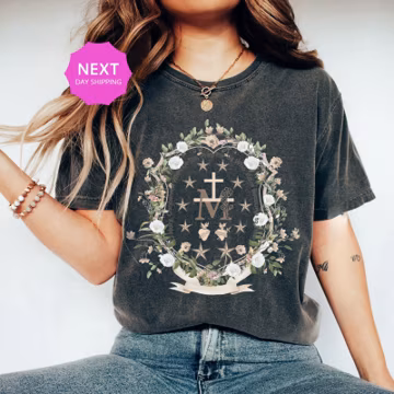 Marian Floral T-Shirt, Catholic Virgin Mary Tee