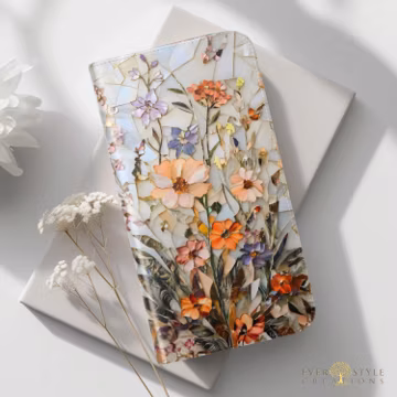 Floral Mosaic Wallet Case, Vintage Botanical Stained Glass Style Folio Cover
