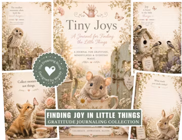 Finding Joy in Little Things Journal Kit, Cute Woodland Animal Gratitude Pages, Printable Mindfulness, Vintage Cottage Digital Download