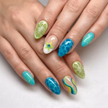 Summer Beach Press On Nails, Tropical Lime Fruit Nails, Ocean Water Effect Press Ons, Blue Almond Glue On Nails
