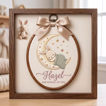 embroidered sleeping bunny nursery hoop ornament, custom baby keepsake est 2024 hoop, personalized bunny nursery wall decor, baby gift hoop